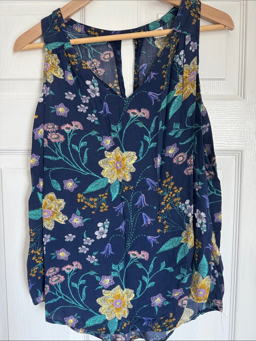 Old Navy Navy Floral V-Neck Camisole with Yellow & Teal Accents